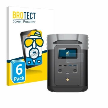 Vorderseite einer Produktverpackung mit dem Markenlogo BROTECT. Daneben ist das Gerät EcoFlow DELTA 2 mit dem zugehörigen Disp