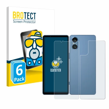 Vorderseite einer Produktverpackung mit dem Markenlogo BROTECT. Daneben ist das Gerät Sony Xperia 5 V (Display+Rückseite) mit 