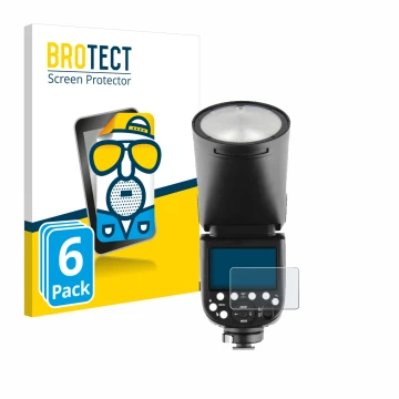 Vorderseite einer Produktverpackung mit dem Markenlogo BROTECT. Daneben ist das Gerät Godox V1 mit dem zugehörigen Displayschu