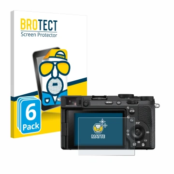 Vorderseite einer Produktverpackung mit dem Markenlogo BROTECT. Daneben ist das Gerät Sony Alpha 7CR mit dem zugehörigen Displ