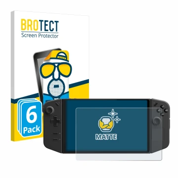 Vorderseite einer Produktverpackung mit dem Markenlogo BROTECT. Daneben ist das Gerät Lenovo Legion Go mit dem zugehörigen Dis