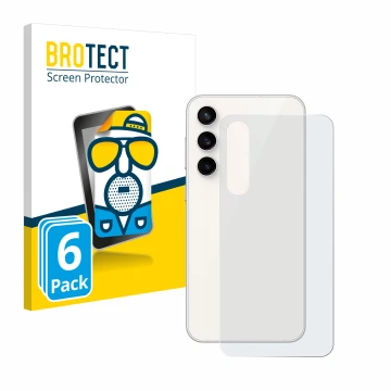Vorderseite einer Produktverpackung mit dem Markenlogo BROTECT. Daneben ist das Gerät Samsung Galaxy S23 FE (Rückseite) mit de