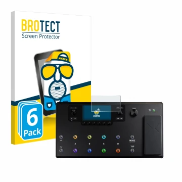 Vorderseite einer Produktverpackung mit dem Markenlogo BROTECT. Daneben ist das Gerät Line 6 Helix LT mit dem zugehörigen Disp