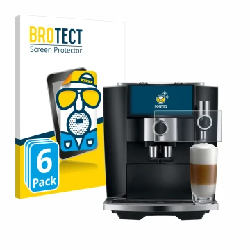 Vorderseite einer Produktverpackung mit dem Markenlogo BROTECT. Daneben ist das Gerät Jura J8 twin mit dem zugehörigen Display