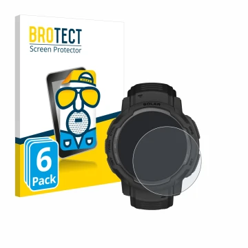 Vorderseite einer Produktverpackung mit dem Markenlogo BROTECT. Daneben ist das Gerät Garmin Instinct Crossover AMOLED mit dem
