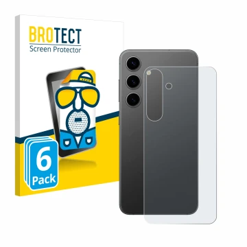 Vorderseite einer Produktverpackung mit dem Markenlogo BROTECT. Daneben ist das Gerät Samsung Galaxy S24 Plus (Rückseite) mit 