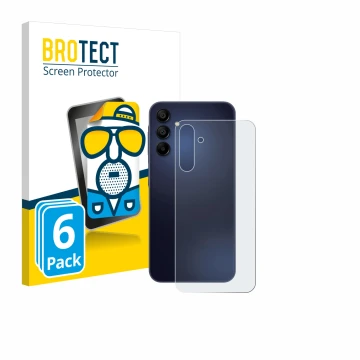 Vorderseite einer Produktverpackung mit dem Markenlogo BROTECT. Daneben ist das Gerät Samsung Galaxy A15 5G (Rückseite) mit de