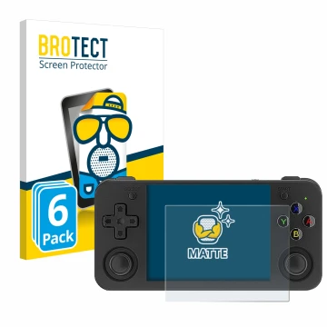 Vorderseite einer Produktverpackung mit dem Markenlogo BROTECT. Daneben ist das Gerät Anbernic RG35XX H mit dem zugehörigen Di