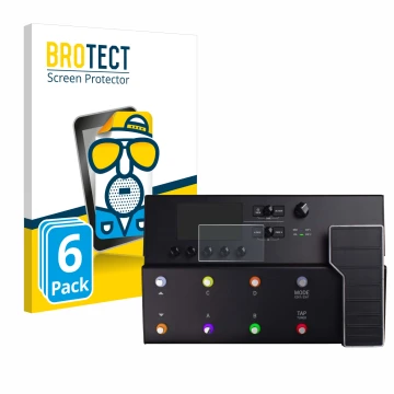 Vorderseite einer Produktverpackung mit dem Markenlogo BROTECT. Daneben ist das Gerät Line 6 POD Go mit dem zugehörigen Displa