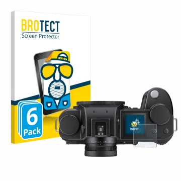 Vorderseite einer Produktverpackung mit dem Markenlogo BROTECT. Daneben ist das Gerät Leica SL3 (Schulterdisplay) mit dem zuge