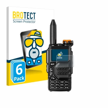 Vorderseite einer Produktverpackung mit dem Markenlogo BROTECT. Daneben ist das Gerät Quansheng UV-K5 mit dem zugehörigen Disp