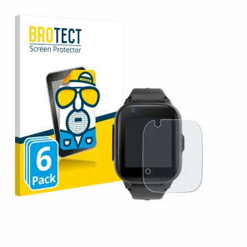 Vorderseite einer Produktverpackung mit dem Markenlogo BROTECT. Daneben ist das Gerät Leotec Kids Allo Plus 4G mit dem zugehör