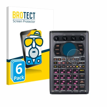 Vorderseite einer Produktverpackung mit dem Markenlogo BROTECT. Daneben ist das Gerät Roland SP-404MKII mit dem zugehörigen Di