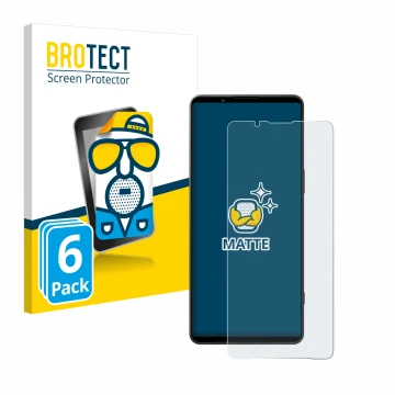 Vorderseite einer Produktverpackung mit dem Markenlogo BROTECT. Daneben ist das Gerät Sony Xperia 1 VI mit dem zugehörigen Dis
