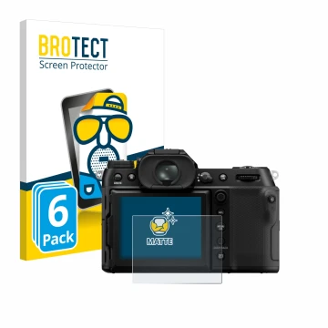 Vorderseite einer Produktverpackung mit dem Markenlogo BROTECT. Daneben ist das Gerät Fujifilm GFX100S II mit dem zugehörigen 