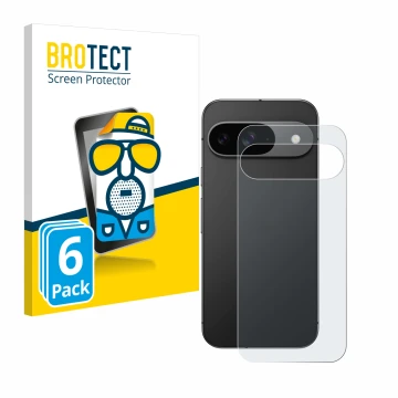 Vorderseite einer Produktverpackung mit dem Markenlogo BROTECT. Daneben ist das Gerät Google Pixel 9 (Rückseite) mit dem zugeh