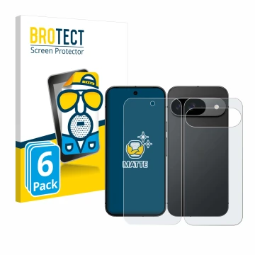 Vorderseite einer Produktverpackung mit dem Markenlogo BROTECT. Daneben ist das Gerät Google Pixel 9 (Display+Rückseite) mit d