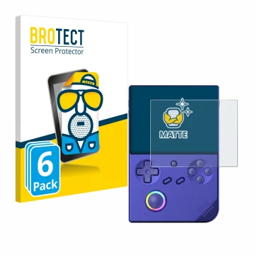 Vorderseite einer Produktverpackung mit dem Markenlogo BROTECT. Daneben ist das Gerät Anbernic RG40XXV mit dem zugehörigen Dis