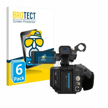 Vorderseite einer Produktverpackung mit dem Markenlogo BROTECT. Daneben ist das Gerät Sony PXW-Z200 mit dem zugehörigen Displa