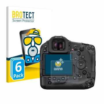 Vorderseite einer Produktverpackung mit dem Markenlogo BROTECT. Daneben ist das Gerät Canon EOS R1 mit dem zugehörigen Display