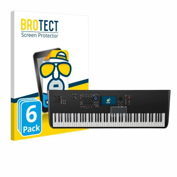 Vorderseite einer Produktverpackung mit dem Markenlogo BROTECT. Daneben ist das Gerät Yamaha MODX8+ mit dem zugehörigen Displa