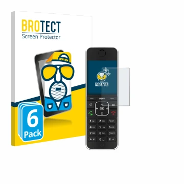 Vorderseite einer Produktverpackung mit dem Markenlogo BROTECT. Daneben ist das Gerät AVM Fritz!Fon C6 Black mit dem zugehörig