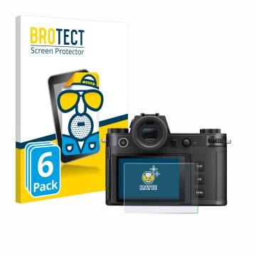 Vorderseite einer Produktverpackung mit dem Markenlogo BROTECT. Daneben ist das Gerät Leica SL3-S mit dem zugehörigen Displays
