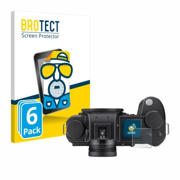 Vorderseite einer Produktverpackung mit dem Markenlogo BROTECT. Daneben ist das Gerät Leica SL3-S (Schulterdisplay) mit dem zu