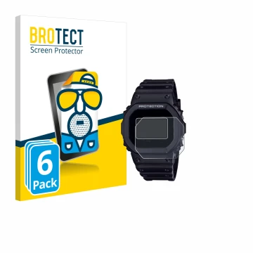 Vorderseite einer Produktverpackung mit dem Markenlogo BROTECT. Daneben ist das Gerät Casio G-Shock DW-5600RL-1 mit dem zugehö