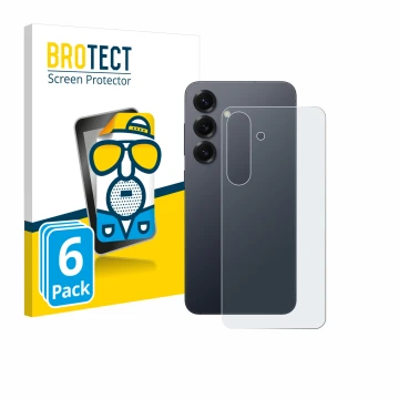 Vorderseite einer Produktverpackung mit dem Markenlogo BROTECT. Daneben ist das Gerät Samsung Galaxy S25 (Rückseite) mit dem z