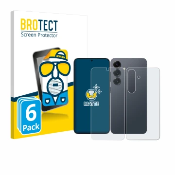 Vorderseite einer Produktverpackung mit dem Markenlogo BROTECT. Daneben ist das Gerät Samsung Galaxy S25 (Display+Rückseite) m
