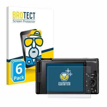 Vorderseite einer Produktverpackung mit dem Markenlogo BROTECT. Daneben ist das Gerät Sony ZV-1A mit dem zugehörigen Displaysc