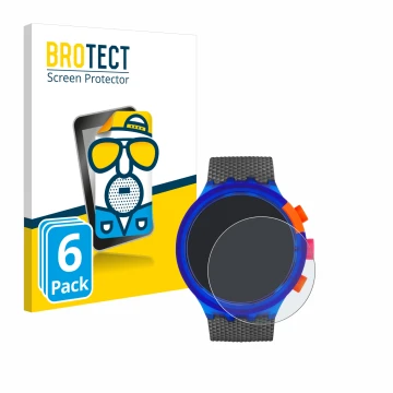Vorderseite einer Produktverpackung mit dem Markenlogo BROTECT. Daneben ist das Gerät Swatch Neon Party mit dem zugehörigen Di