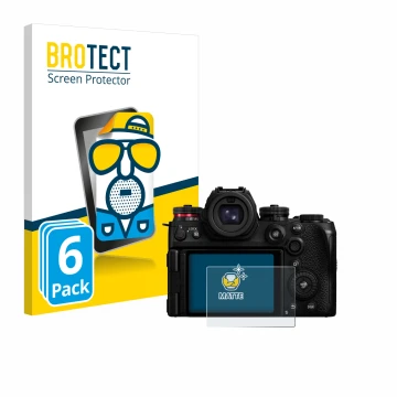 Vorderseite einer Produktverpackung mit dem Markenlogo BROTECT. Daneben ist das Gerät Panasonic Lumix S1R II mit dem zugehörig