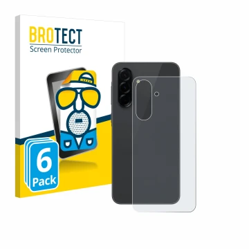 Vorderseite einer Produktverpackung mit dem Markenlogo BROTECT. Daneben ist das Gerät Samsung Galaxy A36 5G (Rückseite) mit de