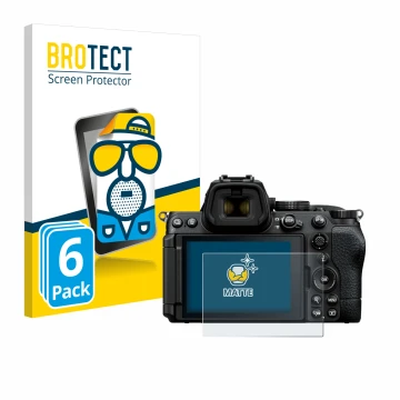 Vorderseite einer Produktverpackung mit dem Markenlogo BROTECT. Daneben ist das Gerät Nikon Z5 II mit dem zugehörigen Displays