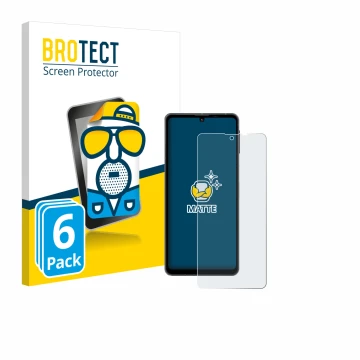 Vorderseite einer Produktverpackung mit dem Markenlogo BROTECT. Daneben ist das Gerät Sharp Aquos Sense 8 mit dem zugehörigen 