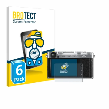 Vorderseite einer Produktverpackung mit dem Markenlogo BROTECT. Daneben ist das Gerät Fujifilm X-E5 mit dem zugehörigen Displa