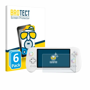 Vorderseite einer Produktverpackung mit dem Markenlogo BROTECT. Daneben ist das Gerät Anbernic RG557 mit dem zugehörigen Displ