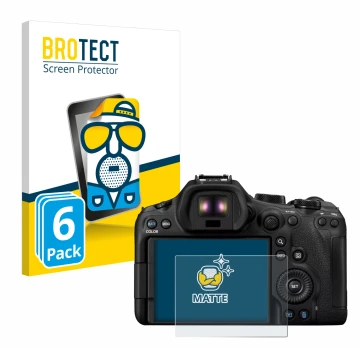 Vorderseite einer Produktverpackung mit dem Markenlogo BROTECT. Daneben ist das Gerät Canon EOS R6 Mark III mit dem zugehörige