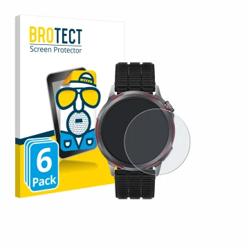Vorderseite einer Produktverpackung mit dem Markenlogo BROTECT. Daneben ist das Gerät Huawei Watch GT Runner 2 mit dem zugehör