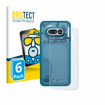 Vorderseite einer Produktverpackung mit dem Markenlogo BROTECT. Daneben ist das Gerät Nothing Phone (4a) (Rückseite) mit dem z