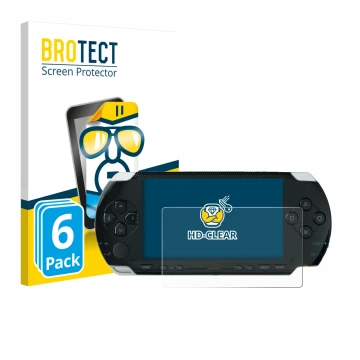 Vorderseite einer Produktverpackung mit dem Markenlogo BROTECT. Daneben ist das Gerät Sony PSP 1000 mit dem zugehörigen Displa