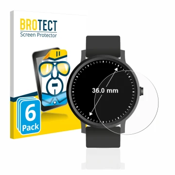 Vorderseite einer Produktverpackung mit dem Markenlogo BROTECT. Daneben ist das Gerät Armbanduhren (Kreisrund, ø: 36 mm) mit d