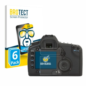 Vorderseite einer Produktverpackung mit dem Markenlogo BROTECT. Daneben ist das Gerät Canon EOS 5D mit dem zugehörigen Display