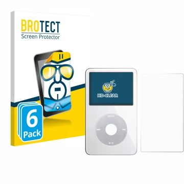 Vorderseite einer Produktverpackung mit dem Markenlogo BROTECT. Daneben ist das Gerät Apple iPod Classic Video (Display+Rückse