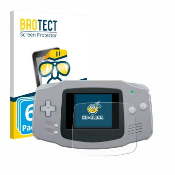 Vorderseite einer Produktverpackung mit dem Markenlogo BROTECT. Daneben ist das Gerät Nintendo Gameboy Advance GBA mit dem zug