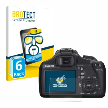 Vorderseite einer Produktverpackung mit dem Markenlogo BROTECT. Daneben ist das Gerät Canon EOS 1100D mit dem zugehörigen Disp