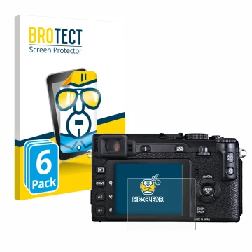 Vorderseite einer Produktverpackung mit dem Markenlogo BROTECT. Daneben ist das Gerät Fujifilm X-E1 mit dem zugehörigen Displa