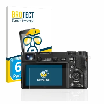 Vorderseite einer Produktverpackung mit dem Markenlogo BROTECT. Daneben ist das Gerät Sony Alpha 6000 mit dem zugehörigen Disp